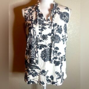 Talbots tie neck black and ivory floral sleeveless blouse size small